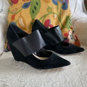 Nine West Black Suede Wedge Strap Pumps Heels 8.5